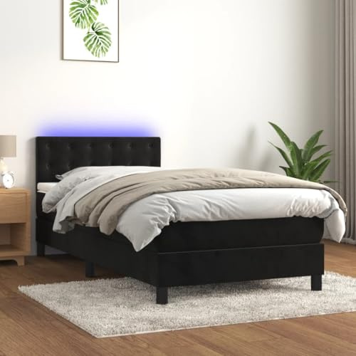 Frdhee Polsterbett Palettenbett, Boxspringbett mit Matratze & LED Schwarz 100x200 cm Samt, Industrie-Stil, Einfache Montage