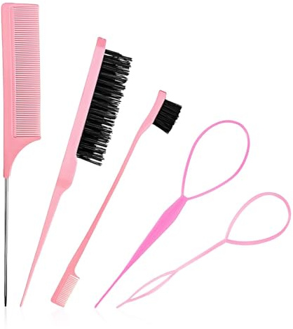 5 Pcs Slick Brush Set, Plastic Bristle Hair Brush and Teasing Comb and Topsy Tail Hair Tool, Rat Tail Comb Double Sided Edge Brushes for Hairs Slicking, Brushing, Combing and Styling(COLOR:Pink)