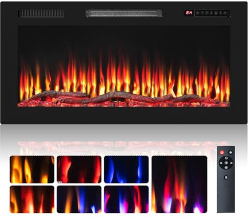 COSTWAY 36/91cm Electric Fireplace, Wall Mounted/Recessed/Freestanding Fire Heater with Sleep Mode, 7 Flame & 12 Ember Bed Colors, 5 Brightness, Remote Control, 8H Timer, Child Lock, 750W/1500W