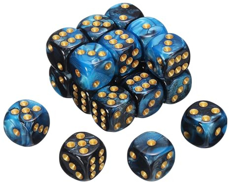 QUARKZMAN 20 Stück 6-Seitige Standard Würfel 2 Farben 16mm Acryl | Blau Und Schwarz/Gold Punkt, D6 Mini Polyedrische Perlenmuster Würfel Set, Für Tischspiele