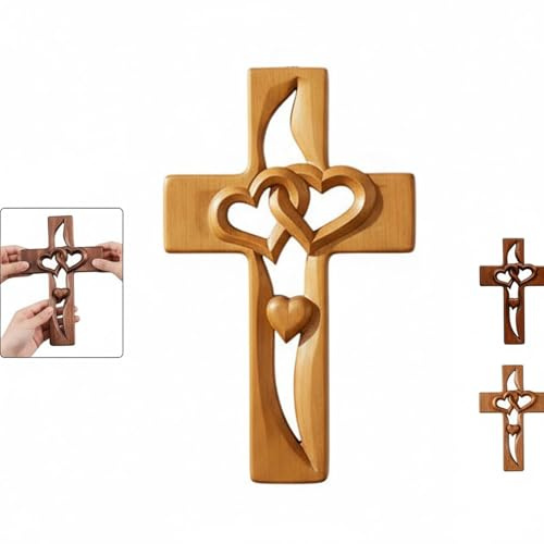 Cruz de madera hecha a mano con corazones entrelazados, cruz de matrimonio de estilo vintage tallada a mano, cruz de madera colgante para decoración de pared para boda, hogar cristiano (B)