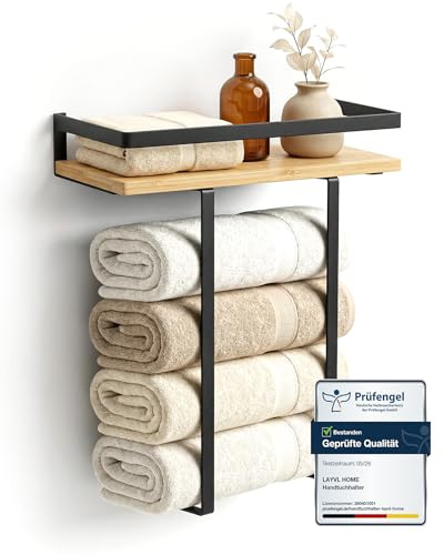 LAYVL HOME® Handtuchhalter Bambus mit schwarzen Metallrahmen, 40x14x42cm, Handtuchregal mit modernem Design, Metall Holz Wandmontage Handtuchhalterung, Badezimmer Zubehör Möbel (Naturbeige)