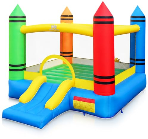 COSTWAY Castillo Hinchable para Niños, Cama Elástica Inflable para Niños 2 en 1 con Temática de Lápices, Tobogán, Zona de Salto, de PVC, 346 x 259 x 220 cm, para Jardín Césped Fiestas (sin Soplador)