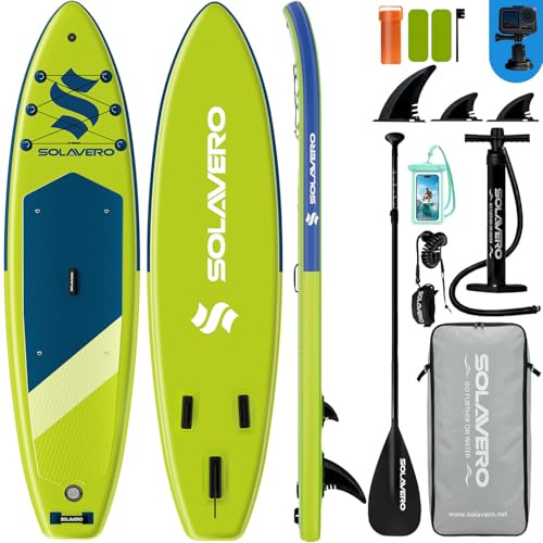 SOLAVERO Stand Up Paddling Board mit Allem Zubehör, Aufblasbares Paddleboard für Anfänger & Familien, 323 x 83 x 15 cm, Stabiles SUP Board Belastbar bis 200 kg mit Anti-Rutsch Eva-Deck für Erwachsene