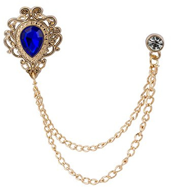 Knighthood Broche pour homme avec pierre bleue royale et gravure dorée et chaîne Swarovski, Métal
