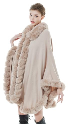 BEAUTELICATE Kunstpelz Poncho Cape Strick Damen Winter Kunstfell Stola Schal Cape Cardigan Warm mit Kragen für Hochzeit Zeremonie Festlich