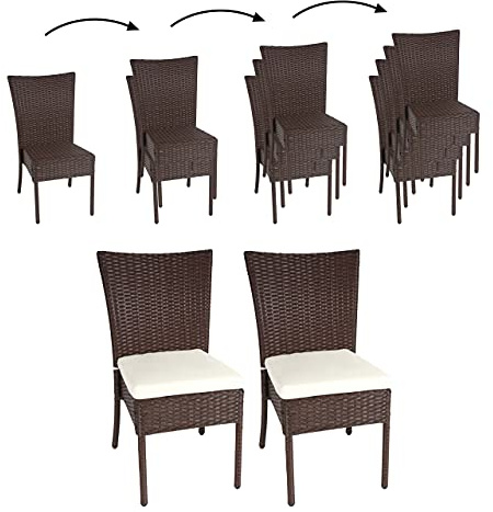 Mendler 2er-Set Poly-Rattan Stuhl HWC-G19, Balkonstuhl Gartenstuhl, stapelbar - braun, Kissen Creme
