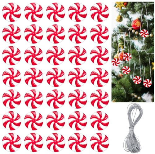 50 Stück Zuckerstangen Weihnachtsbaum, Christbaumschmuck zum Anhängen,Zuckerstangen Süßigkeiten Weihnachtsbaumschmuck Anhänger, Weihnachtsbaum Dekoration Anhänger Acryl mit Kordel Rot und Weiß