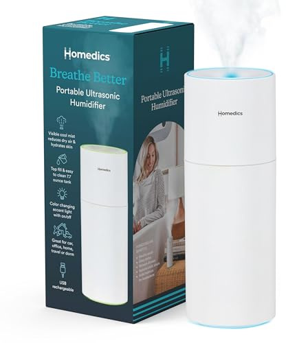 Homedics Portable Humidifier - Small Air Humidifiers for Bedroom, Plants, Office, Travel - Cool Mist Humidifiers, Color-Changing Accent Light, 2 Mist Settings, Matte White