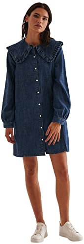NA-KD Vestido de Mezclilla Casual con Cuello de Volantes para Mujer, Mediados De Azul, 34