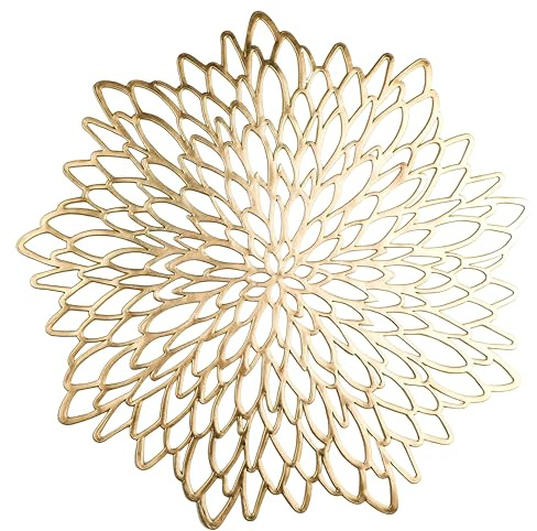 Snowkingdom Pack of 18 Gold Metallic Round Placemats Bulk Round Pressed Vinyl Leaf Dinning Kitchen Table Mats Decoration for Christmas Wedding Thanksgiving Party