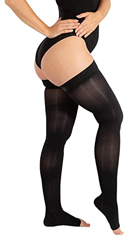 RIEMTEX PREMIUM Kompressionsstrümpfe Klasse 2 CCL2 23-32 mmHg mit offener Spitze Schenkelstrümpfe Damen Herren (Größe 7, Schwarz)