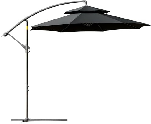 Outsunny 2.7m Garden Banana Parasol Cantilever Umbrella with Crank Handle, Double Tier Canopy and Cross Base for Outdoor, Hanging Sun Shade, Black