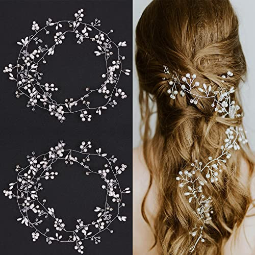 TSHAOUN 2 Stück Brautschmuck Perle und Kristall Perlen Brautschmuck Haarschmuck Vine Hochzeit Head Stück, Haarschmuck, Strass Kopfschmuck Für Damen Mädchen Brautjungfern Abschlussball (50cm,Silber)
