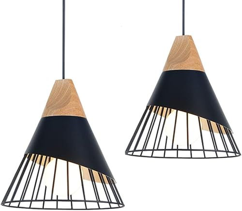 MAXDUYU 2 piezas Lámpara Colgante Vintage de Metal, Lámpara de Techo Negra para Interior, Luz Retro de madera E27 para Cocina,Sala,Comedor,Dormitorio,26cm