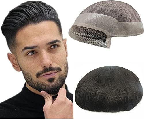 N.L.W Men's 100% Human Hair Toupee, Front Lace with MONO Base, 9×7 Inch Large Hair Piece, 6 Inch Length 120% Density Natural Hair System (9 * 7)