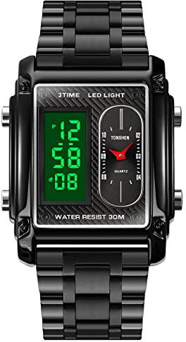 TONSHEN Herren Fashion Multifunktion Uhren LED Elektronik Alarm Analog Quarz DREI Zeit Digitaluhr Outdoor Sportuhr Armbanduhr Edelstahl Lünette mit Leder Band