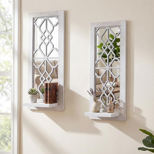 Wood Wall Sconce Candle Holder Set 2, Rustic Candle Sconces, Farmhouse Hanging Wall Décor, Carved Wood Frame, Mirrored Wall Accent