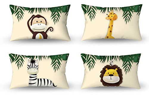 Aoihrraan 30x50cm 4er Set Süß Karikatur Tier Dekorativ Kissenbezug Forest Monkey Giraffe Floral Plant Beige Weicher Kurzer Plüsch Quadratischer Baby Kissenhüllekinder Party Schlafzimmer Sofa Bett