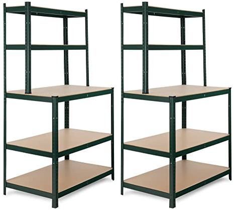Stagecaptain 2X WBR-175 SR Estantería de Banco de Trabajo, Carga Pesada, 5 estantes en 2 Profundidades, Superficie Extra Estable a 97 cm, Ideal para Taller, sótano o despensa, Color Verde.