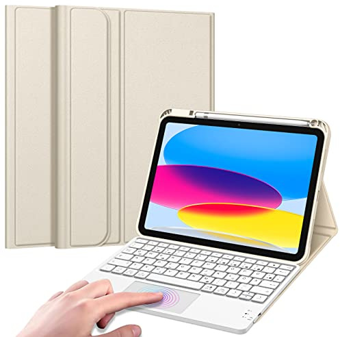 FINTIE Tastatur Hülle für iPad (A16) 11./10. Generation (11/10.9 Zoll) | Magnetisch abnehmbare deutsche Bluetooth-Tastatur mit Touchpad, weiche Schutzhülle mit Stifthalter, Champagner