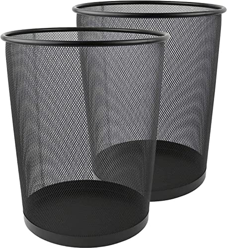 Mesh Waste Bins Iron Trash Bin Paper Basket Kitchen Bedroom Office Rubbish Small Silver or Black Medium Circular Lightweight Garbadge Trash Home Dorm Living Room Bathroom Desk (2 x Black)