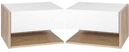 HOMCOM Lot de 2 Tables de Chevet Suspendues Tiroir Coulissant Chêne Blanc | Tables de Nuit Murales en Bois