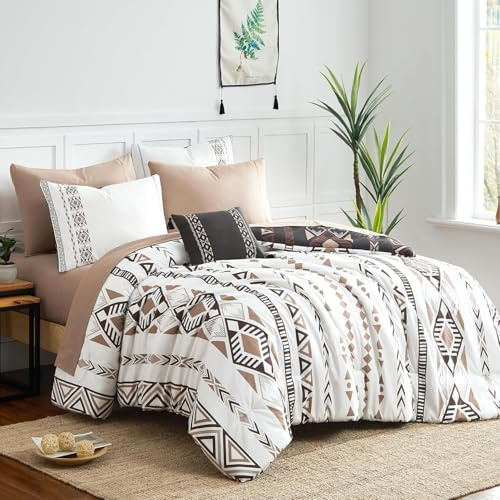 Geniospin Queen Comforter Set - 7 Pieces Reversible Bedding Set, Western Bed in A Bag, Lightweight Soft Aztec Bedding, All Season Bed Comforter Set with Sheets, Pillowcases & Shams
