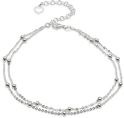 AKA Gioielli® - Bracelet de Cheville Femme en Argent 925 Sterling - Chaîne Double avec Boules - Longueur réglable
