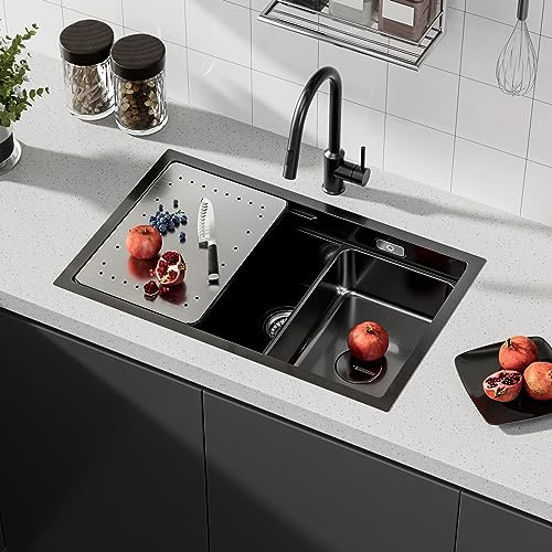 CECIPA Évier de cuisine noir 70 x 44 cm - Type de montage sur poste de travail - Évier intérieur de rechange - Planche à découper, siphon, kit de trop-plein et de vidage - Évier encastrable pour