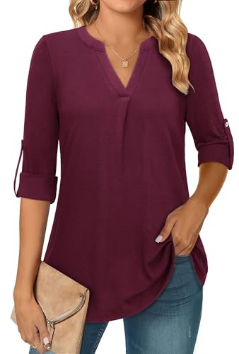 Amrto Chemisier long à manches 3/4 pour femme - Col en V - Tunique longue - Élégant et décontracté - Décontracté - Pour le bureau et le travail, 2 couleurs unies - Bordeaux, XXL