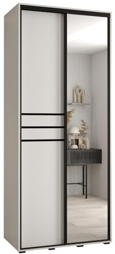 MEBLE KRYSPOL Davos 11 110 Schrank mit Zwei Schiebetüren für Schlafzimmer - Moderner Schrank mit Spiegel, Kleiderstange und Regalen - 235,2x110x60 cm - Weiß Weiß Schwarz
