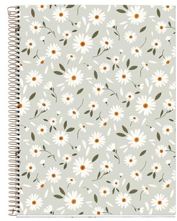 Miquelrius - Notebook A4 (210 x 297 mm), kariert 5 mm, 120 Blatt 70 g/m², Einband aus grünem Karton, 4 farbige Streifen, Kupferspirale, Kollektion Spring Flowers, Blumen