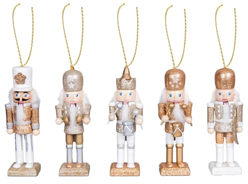 SHATCHI 13cm Wooden Christmas Nutcrackers 5pcs Set - Soldiers King Puppet Moving Parts Figurines Christmas Tree Hanging Decoration Ornaments