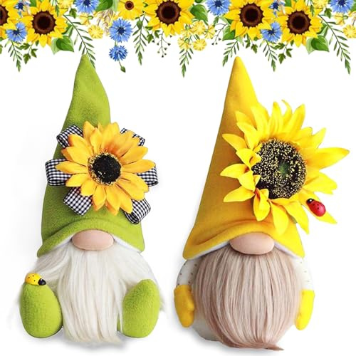 Snowtain Wichtel Figuren, 2 Stück Frühling Sonnenblume Wichtel, Süße Figur aus Dwarf Deko, Wichtel Stehend für Home Farmhouse Familie Festliche Geschenk