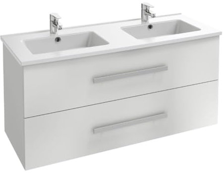 Jacob Delafon - Meuble OLA UP 120cm & Plan Double Vasque Céramique - 2 Tiroirs Fermeture Douce - Grande Capacité - Blanc Brillant - 1210x570x465mm - EBP2308-NWT