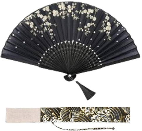WHYCNJL 1 Pezzo Ventaglio a Mano con Borsa Regalo Ventaglio Pieghevole Ventaglio Cinese in Tessuto di fiori Ventaglio di Bambù con Manico Ventaglio di Nozze Festa Danzante Fiori Bianchi