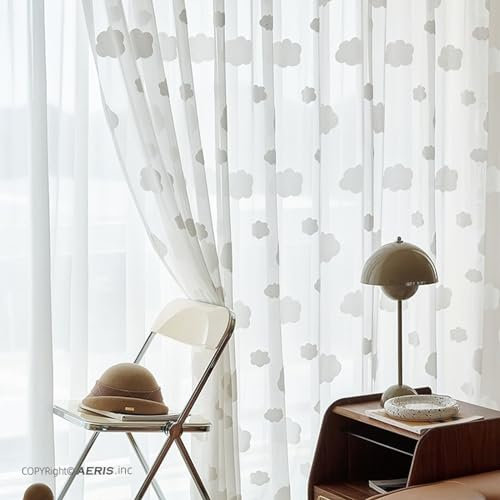 Beydodo Gardinen Polyester Weiß, Vorhänge Wohnzimmer mit Haken 2er Set 137x274CM mit Wolken Motiv Modern Gardinenschals Halbtransparent Schiebevorhänge Schlafzimmer Kinderzimmer