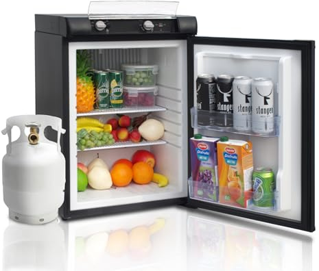 Techomey Gas Kühlschrank 60L, Camping Kühlschrank Gas 12V 230V, Wohnmobil Kühlschränk, Absorber Kühlschränk Gäs für Haus, Outdoor, Camping, Schwarz