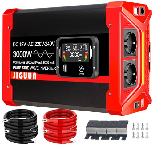 JIGUUN 3000W Convertisseur 12V 220V Pur Sinus Onduleur transformateur avec 2 Prises EU & 3 Ports USB+Tycp-C,Télécommande détachable et écran LCD Puissance de crête 9000W