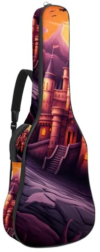 Gitarrentasche für Akustikgitarre mit zwei Taschen, Halloween-Schlossdekoration, 2 wasserabweisend, doppelt verstellbarer Schultergurt, Gitarrentasche, Halloween-Schlossdekoration, 42.9x16.9x4.7 in,
