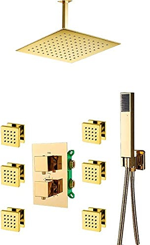 Shower System Golden Thermostatic Shower Faucets Set 3-Way Integrated Gold Thermostatic Mixer Tap with 6 Pieces Massage Jets Bath Shower Set, Com Set