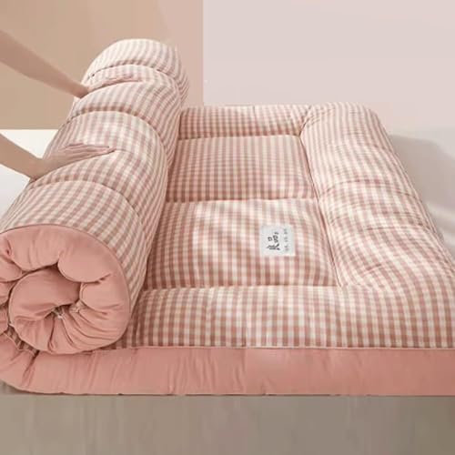 Futon-Matratze im japanischen Stil, King-Size, für Studenten und Zuhause, weich und atmungsaktiv, Doppelrolle, rosa kariert, druckentlastend, 90 x 200 cm