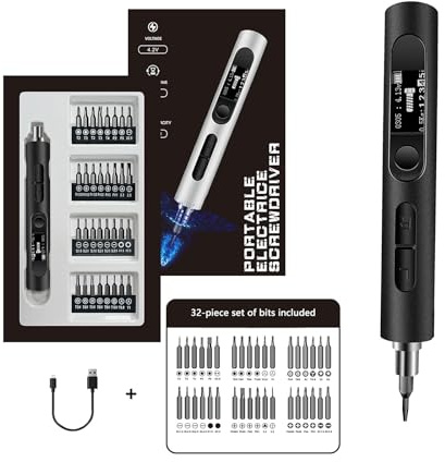 Mini Electric Screwdriver, 32 in 1 PC Screwdriver Set - 32 S2 Universal Bits, 5 Torque Settings, Rechargeable Mini Screwdriver Set for PC, RC, Cell Phones, Watch Repairs