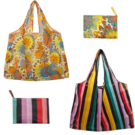 Long Keeper 2 Pcs Foldable Shopping Bag Drawstring Reusable Grocery Bags Large Washable Portable Folding Tote Bag in Pouch for Daily Shopping Travel Household