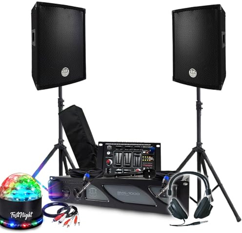 Kit Sono BM Bmsonic Amplificador 1000 W, par de altavoces pasivos 2 x 300 W, mesa de mezcla, pies, auriculares DJ, cables y micrófono