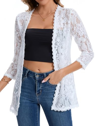 HAWILAND Women Dressy Lace Cardigan Jacket Cover Up Ladies Shrugs and Boleros for Wedding Evening Dress Sheer Blazer White Medium