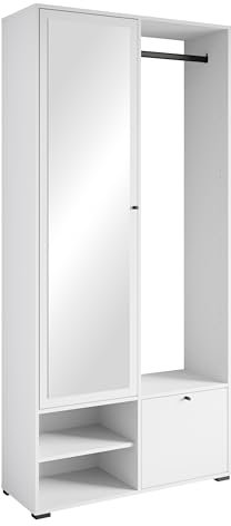 MINIO go for it - Garderobe Set 90 cm Breit, Flurgarderoben Set DAFNI mit Spiegel, Garderoben Set mit Ablage und Schuhschrank, Garderobenschrank Flur, Vorzimmer Möbel (Weiss)