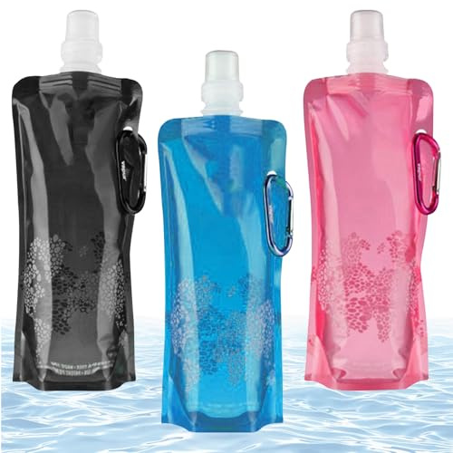 xianshi 3 Stück Faltbare Trinkflasche 500ml,Wiederverwendbare Wasserflasche,Auslaufsicher Zusammenrollbar,Platzsparend FüR Wandern Camping Radfahren Reisen Outdoor