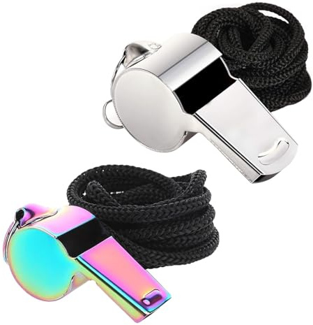2 Stück Pfeife,Edelstahl Sportpfeifen,Trillerpfeife Laut Notfall,Metall Schiedsrichter Pfeifen mit Schlüsselband,Whistle Ideal für Schulsport,Fußball,Hundetraining,Sportunterricht (Bunt+Silbrig)